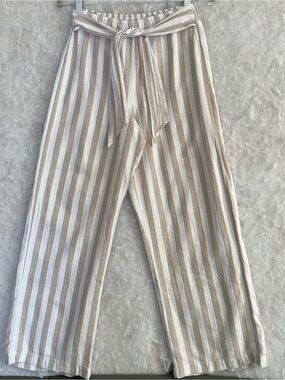 Beachlunchlounge Beige & White Striped Tie-Waist Wide Leg Pants (SKU709)